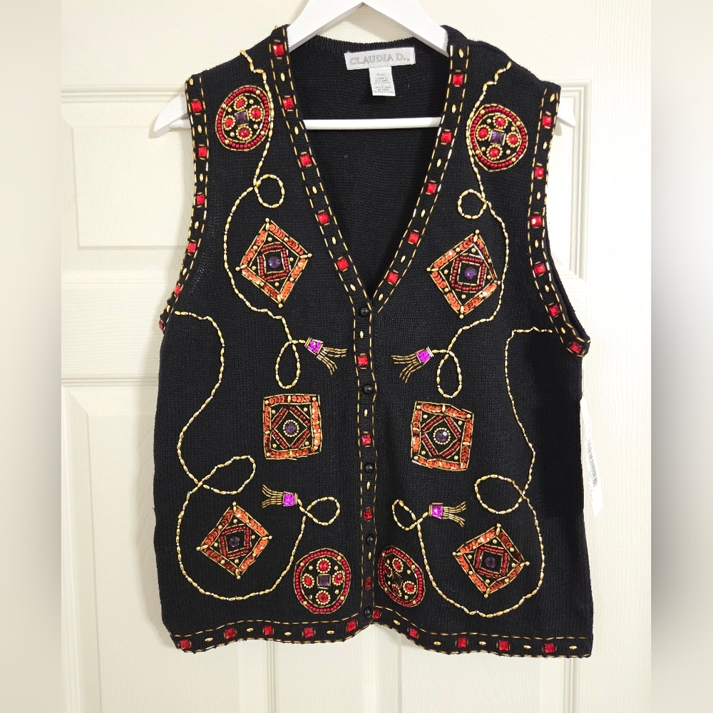 Claudia D sequin accented black sweater vest size large NWT